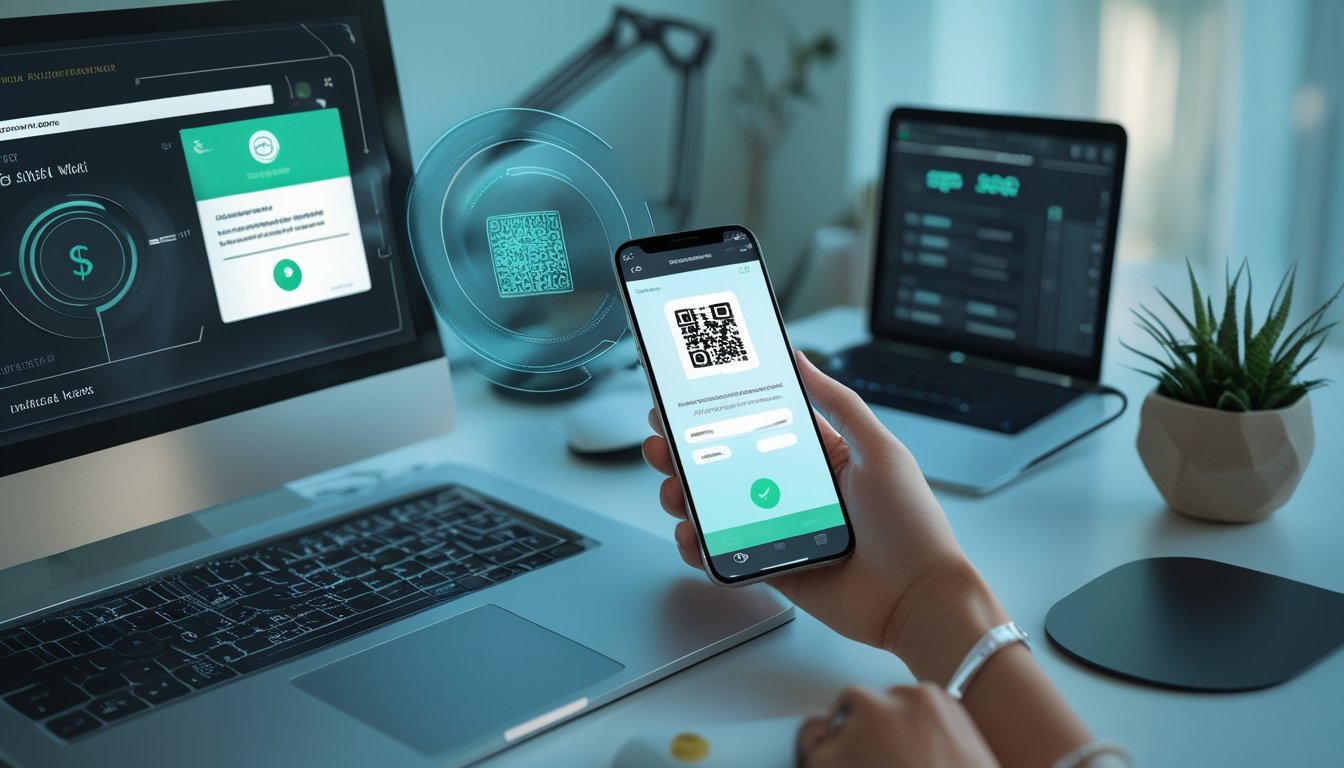 Ponsel dan laptop menampilkan antarmuka pembayaran digital dengan simbol QR di meja kerja modern.