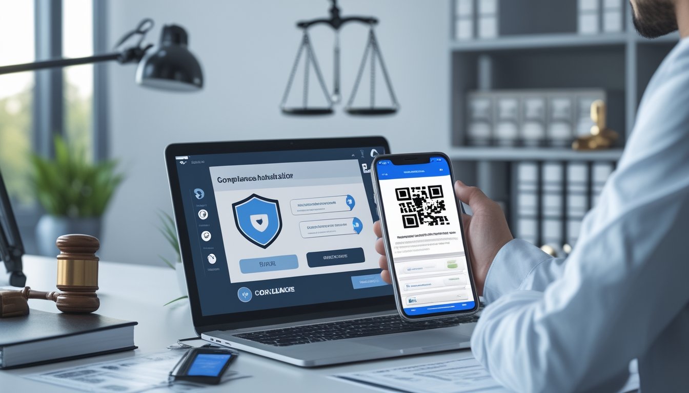 Analis memeriksa keamanan dan legalitas platform digital melalui laptop, ponsel, dokumen, dan simbol verifikasi.