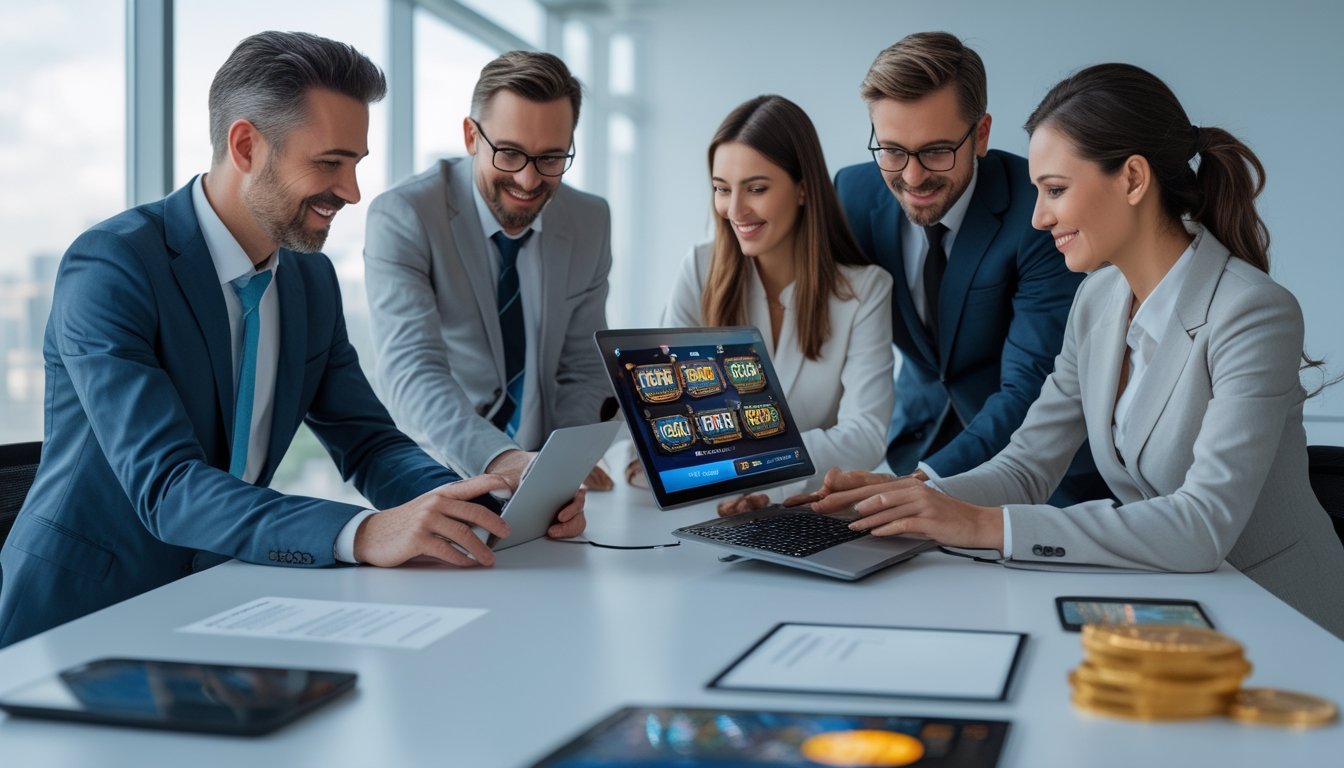 Sekelompok profesional dewasa bekerja sama menggunakan perangkat digital dalam suasana kantor modern dengan simbol keamanan.