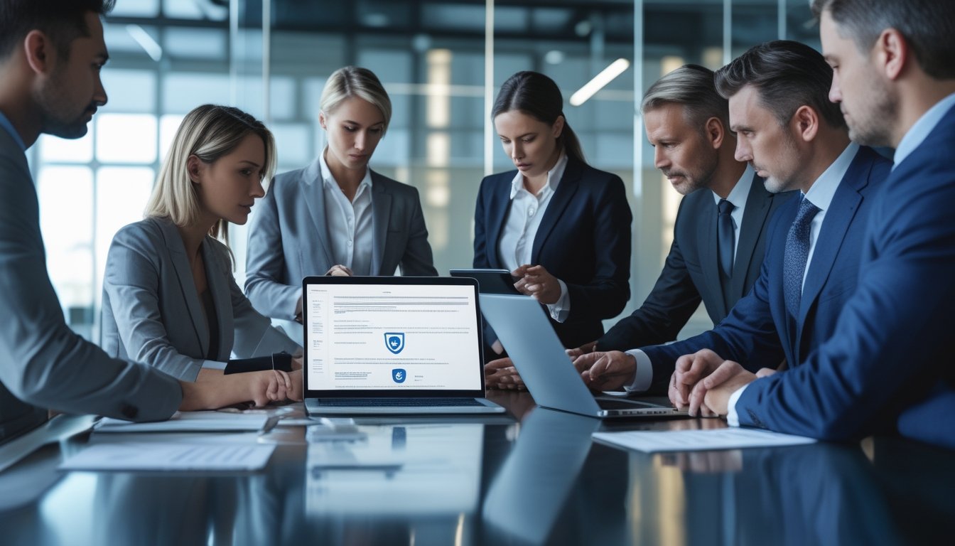 Sekelompok profesional membahas platform digital yang aman di ruang kerja modern dengan simbol verifikasi dan perlindungan.