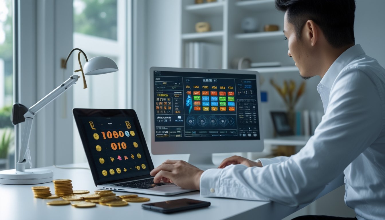 Seorang pemain dewasa menganalisis data permainan digital di meja kerja modern dengan laptop dan ponsel.
