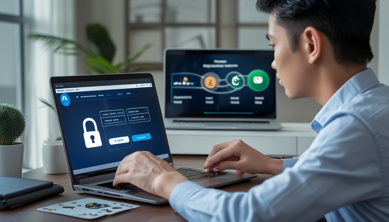 Orang dewasa menggunakan ponsel di meja kerja untuk bermain poker online dengan memperhatikan keamanan dan pengelolaan anggaran.