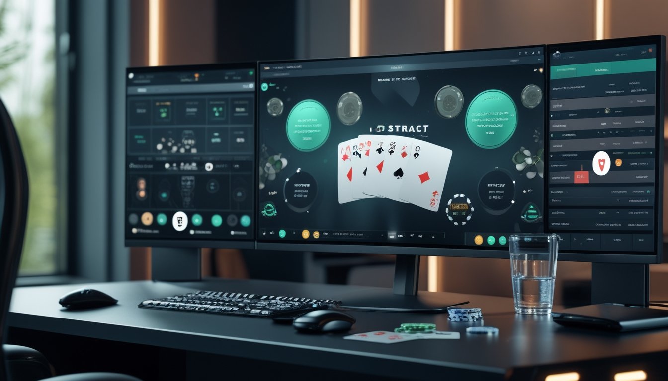 Meja kerja modern dengan layar yang menampilkan beberapa variasi permainan poker digital, kartu, dan keping poker.