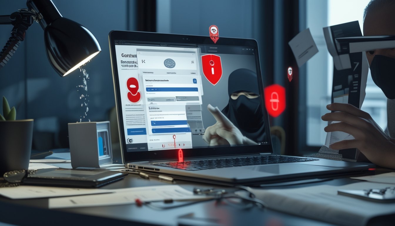 Seorang pengguna memeriksa laptop dengan tanda-tanda peringatan penipuan dan keamanan digital.