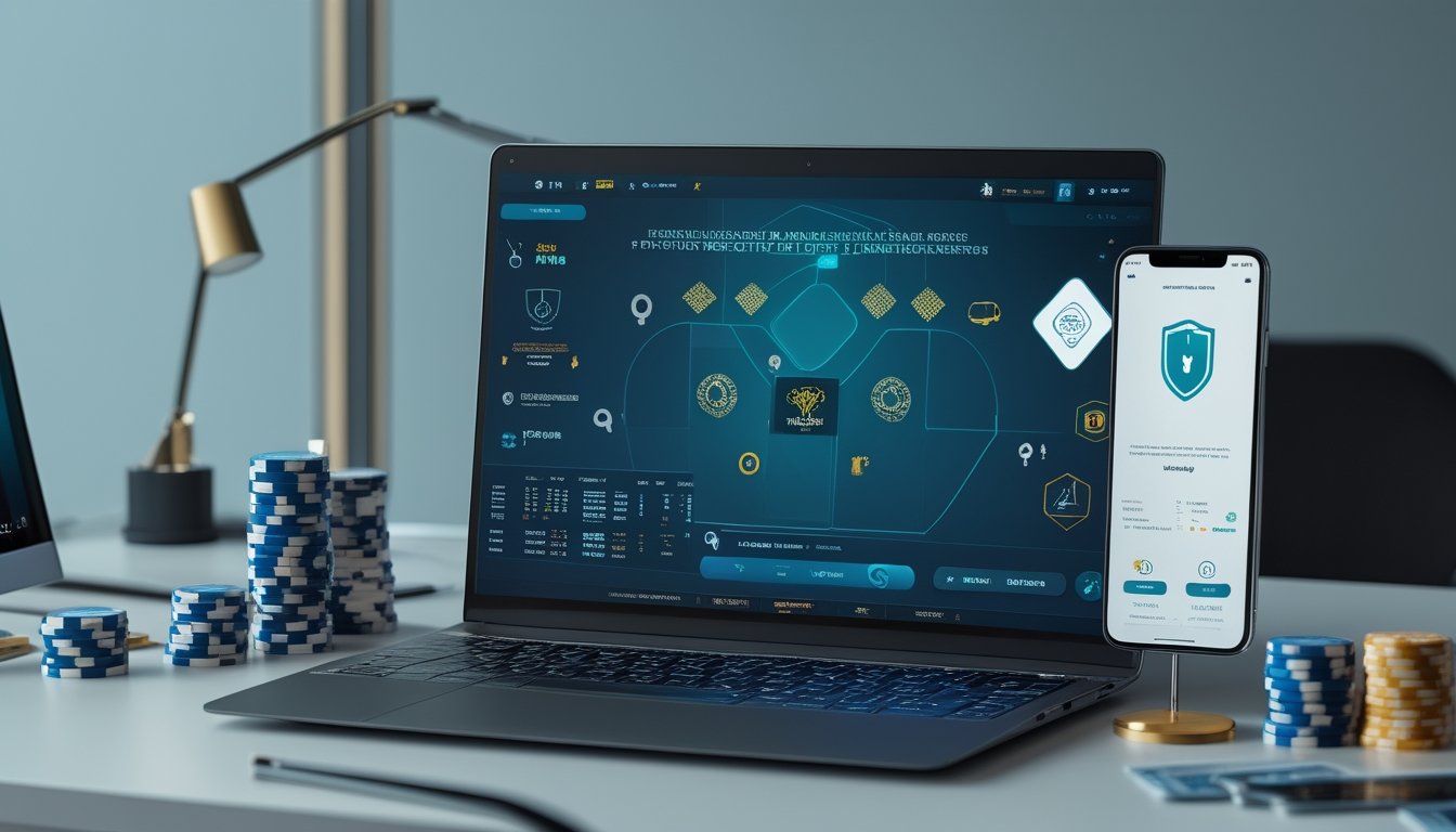 Laptop dengan tampilan poker online generik, simbol keamanan, chip poker, kartu, dan kaca pembesar di atas meja modern.