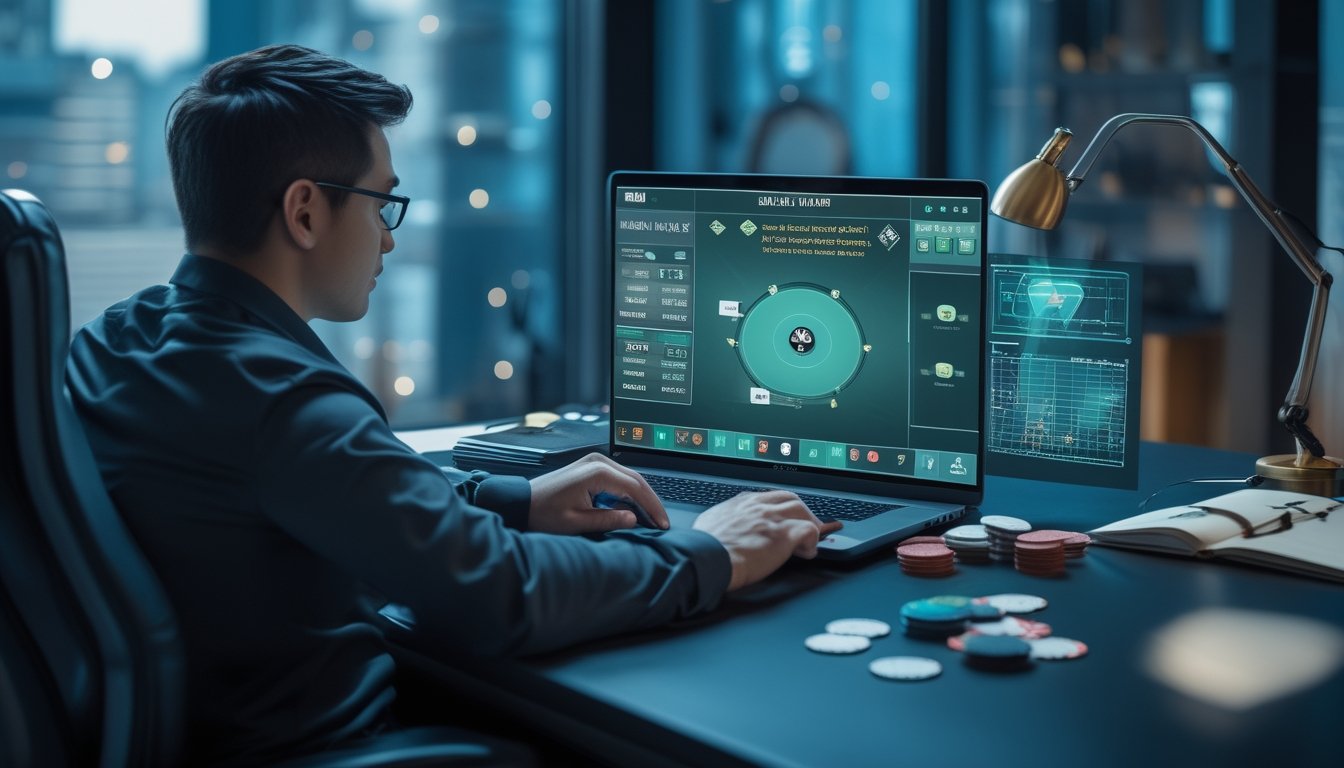 Pemain poker dewasa sedang menganalisis strategi di depan laptop dengan kartu dan keping poker di meja.