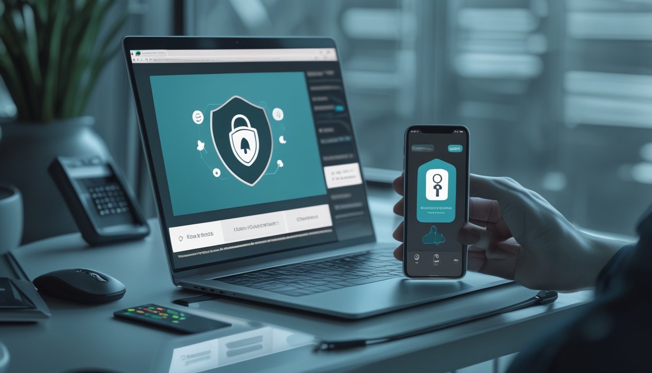 Perangkat digital menampilkan simbol keamanan, dompet kripto, dan verifikasi platform sebelum deposit.