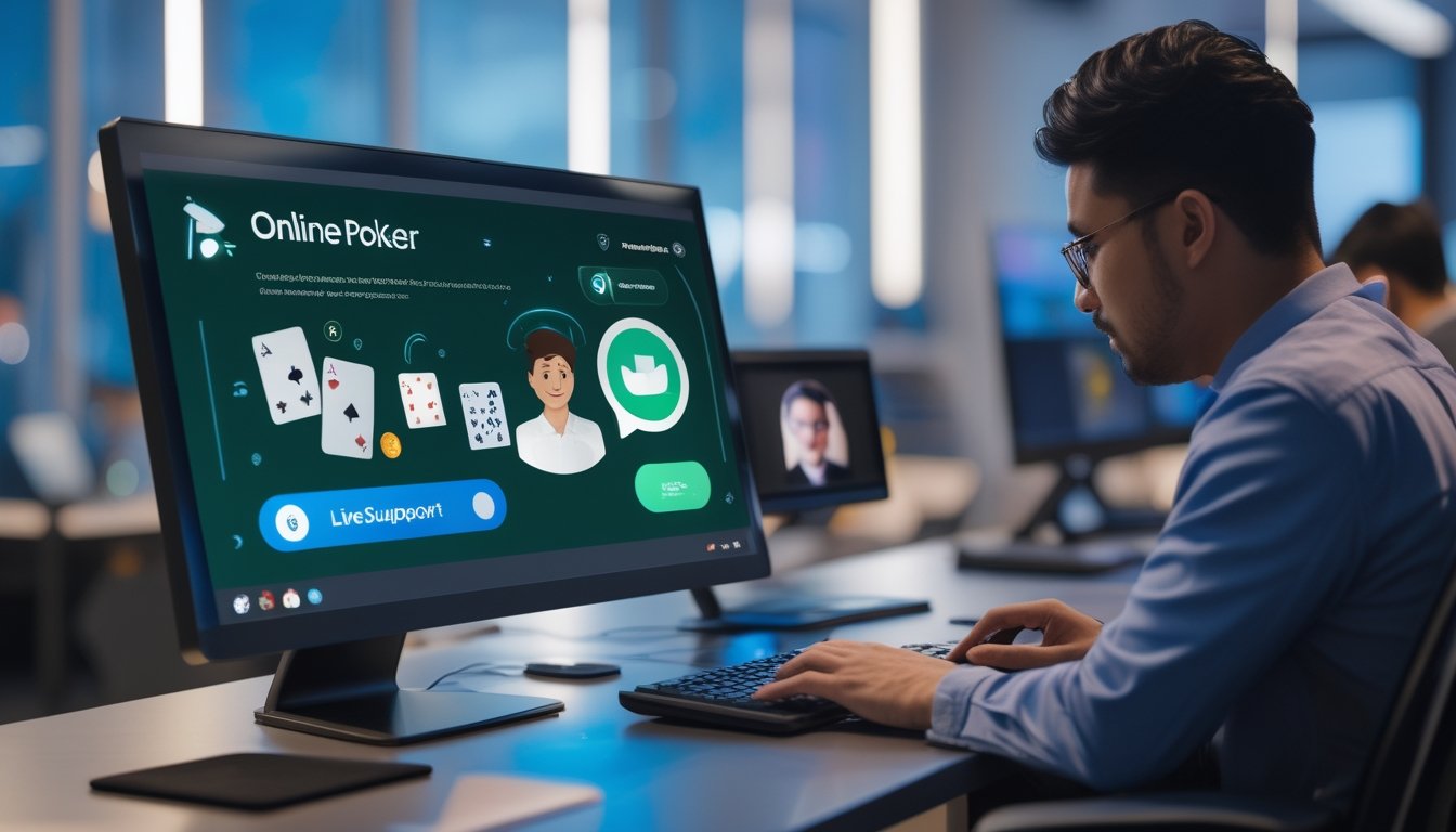 Pengguna melihat platform poker online dengan dukungan obrolan langsung di meja kerja modern.
