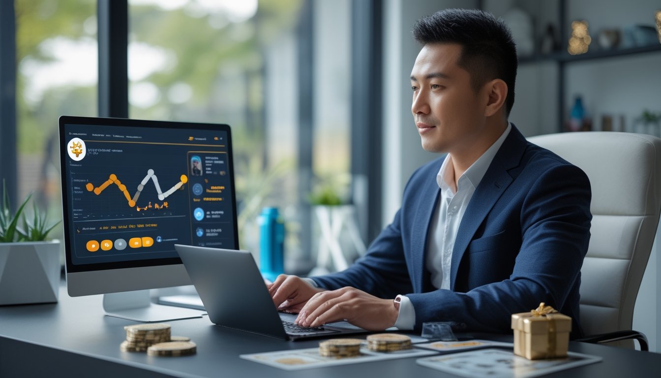 Seorang profesional menggunakan laptop dengan tampilan promosi poker, dikelilingi kartu, keping poker, dan simbol hadiah.