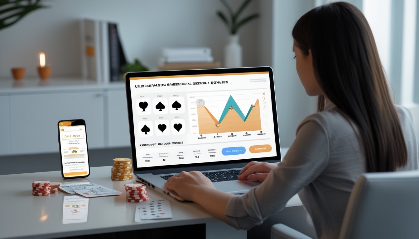 Orang dewasa mempelajari program referral poker online di laptop dengan ponsel, kartu remi, dan keping poker di atas meja.