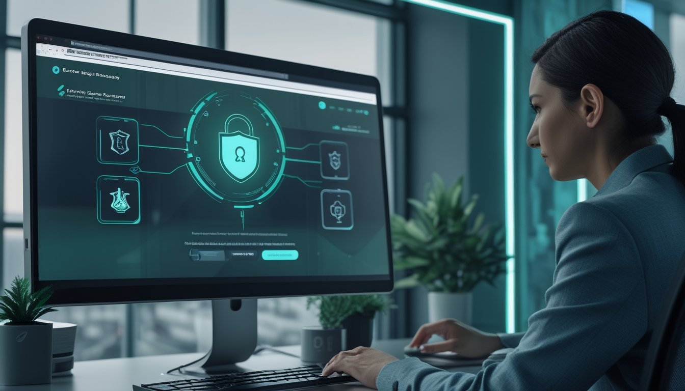 Seseorang memeriksa platform poker online yang dilengkapi berbagai simbol keamanan digital di ruang kerja modern.