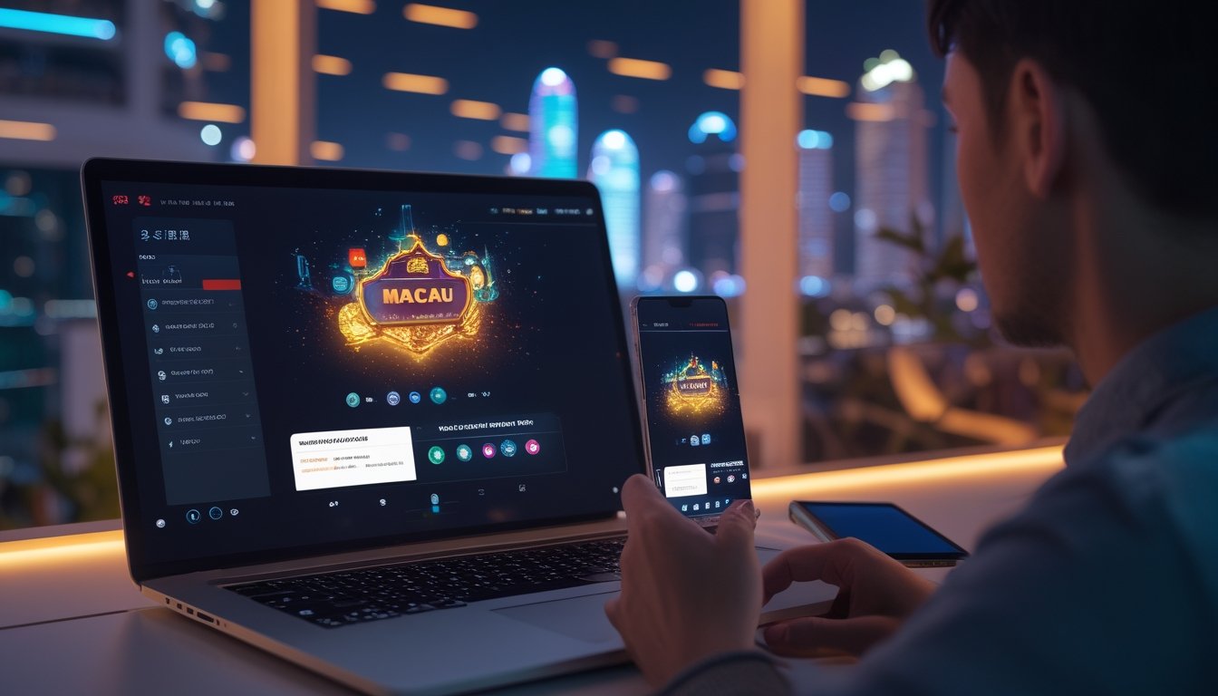 Seseorang menggunakan laptop dan ponsel di ruang kerja modern dengan pemandangan kota bercahaya pada malam hari.