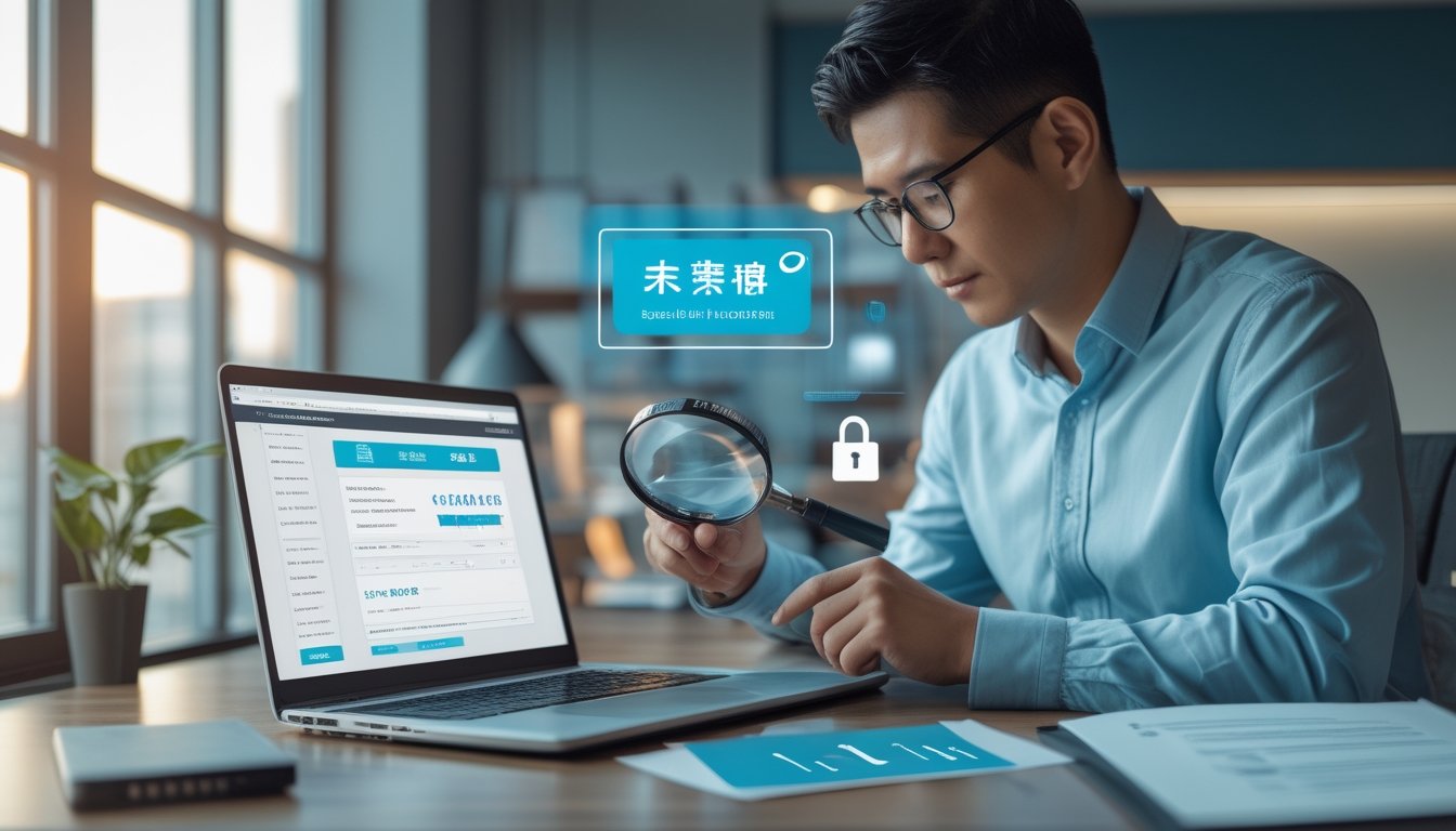 Seorang profesional memeriksa platform online menggunakan laptop dengan simbol keamanan dan verifikasi di meja kerja.