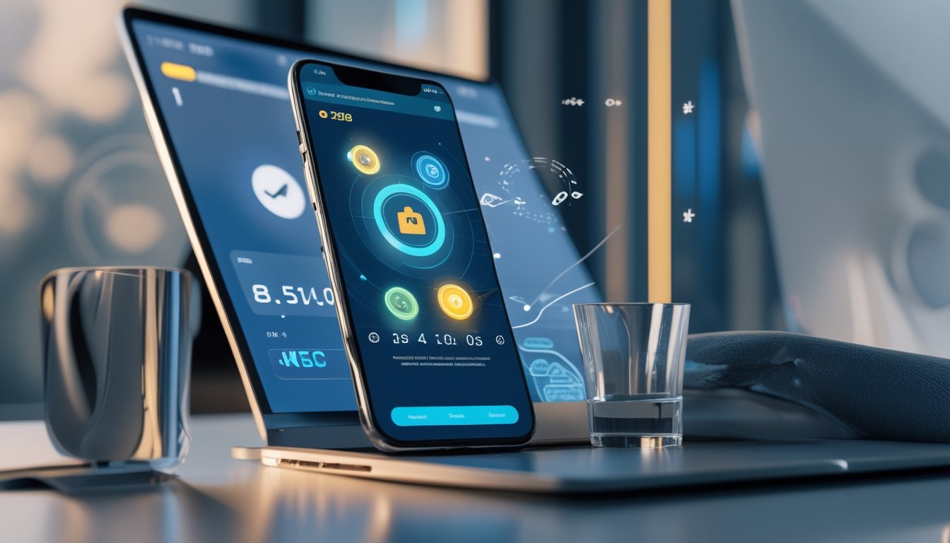 Ponsel dan laptop menampilkan antarmuka pembayaran digital abstrak di atas meja modern.