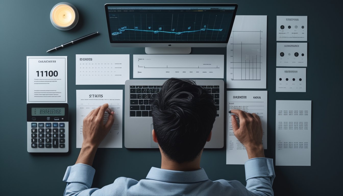 Seorang analis mempelajari grafik statistik dan lembar angka kosong di meja kerja.