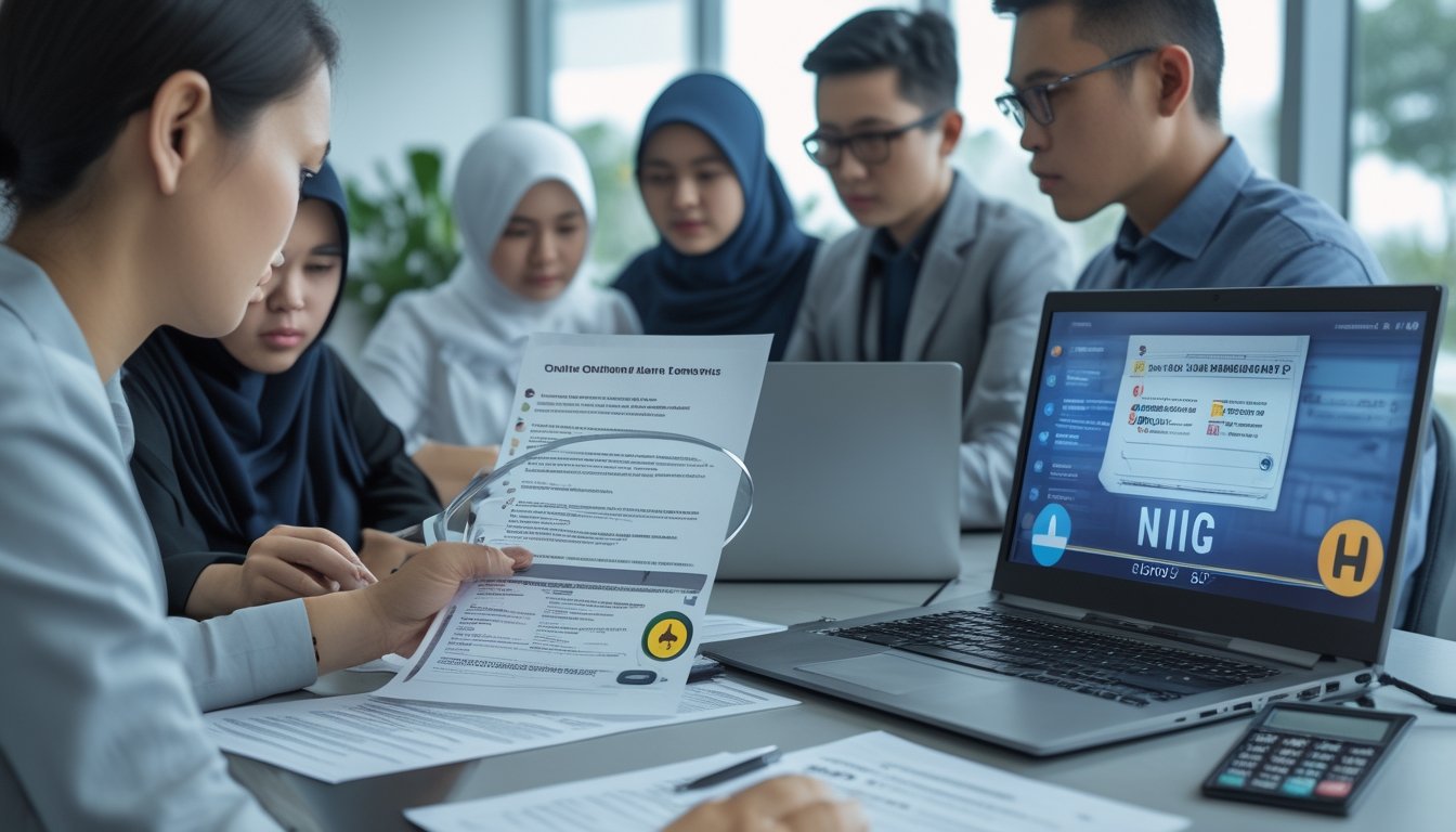 Sekelompok orang dewasa meninjau dokumen hukum dan risiko penggunaan platform taruhan online di lingkungan kantor.