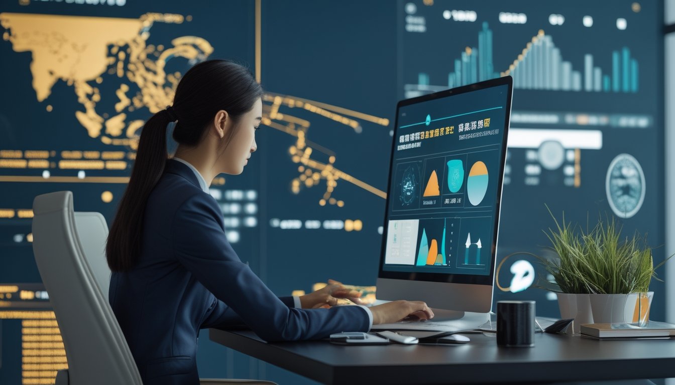 Profesional sedang meninjau platform daring dengan latar kota Macau dan elemen keamanan digital.