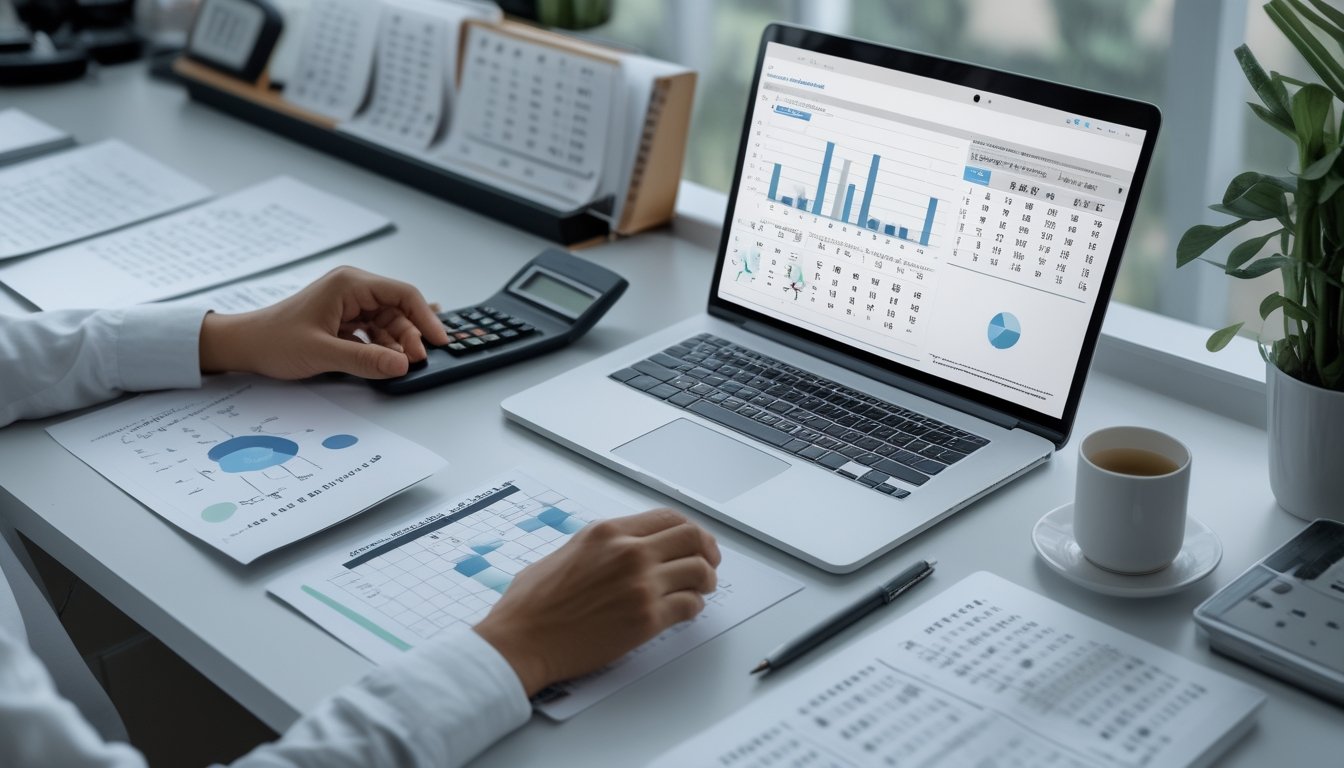 Seorang analis memeriksa grafik probabilitas dan data angka di meja kerja modern.
