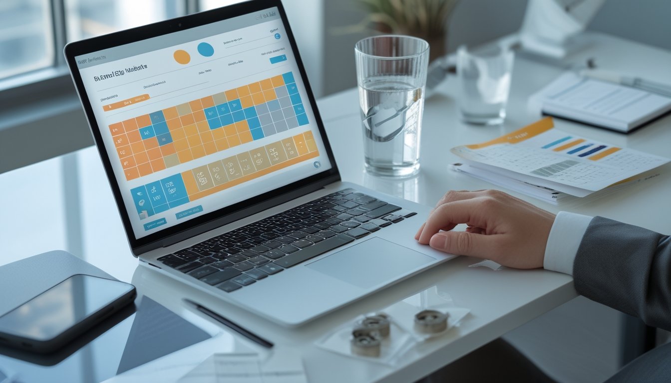Laptop dan ponsel menampilkan dasbor angka abstrak di meja kerja modern.