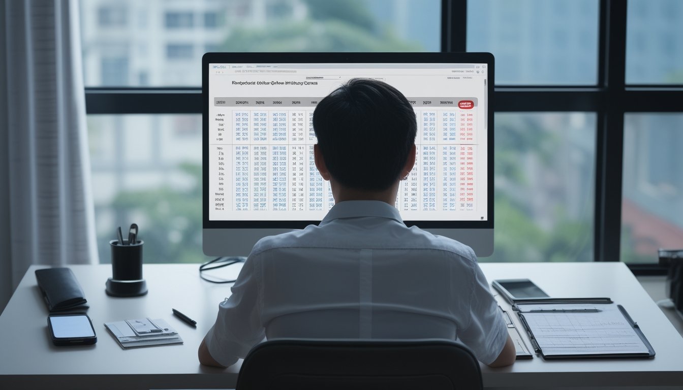 Seseorang mempelajari data angka di laptop pada meja kerja dengan buku catatan, kalkulator, dan ponsel.