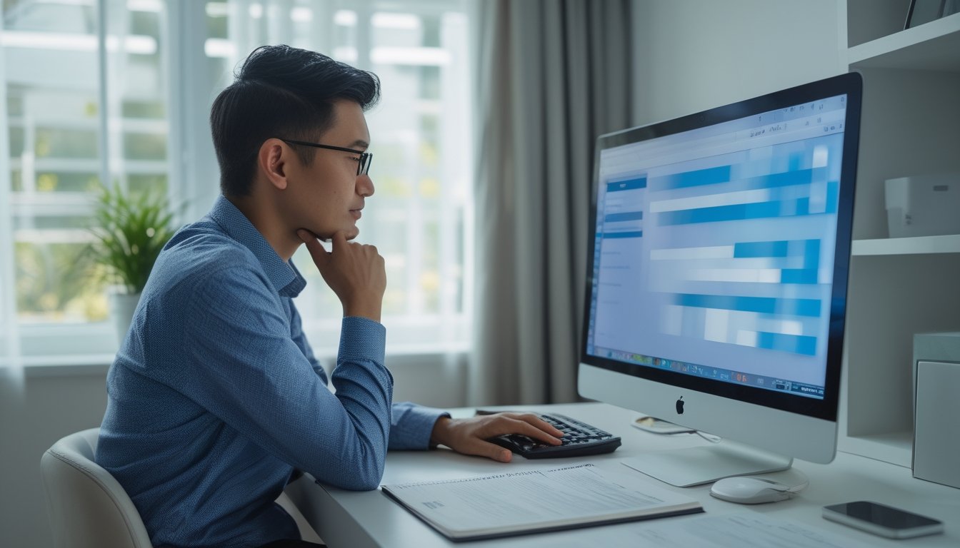 Orang dewasa meninjau dokumen keuangan di meja dengan laptop dan kalkulator.