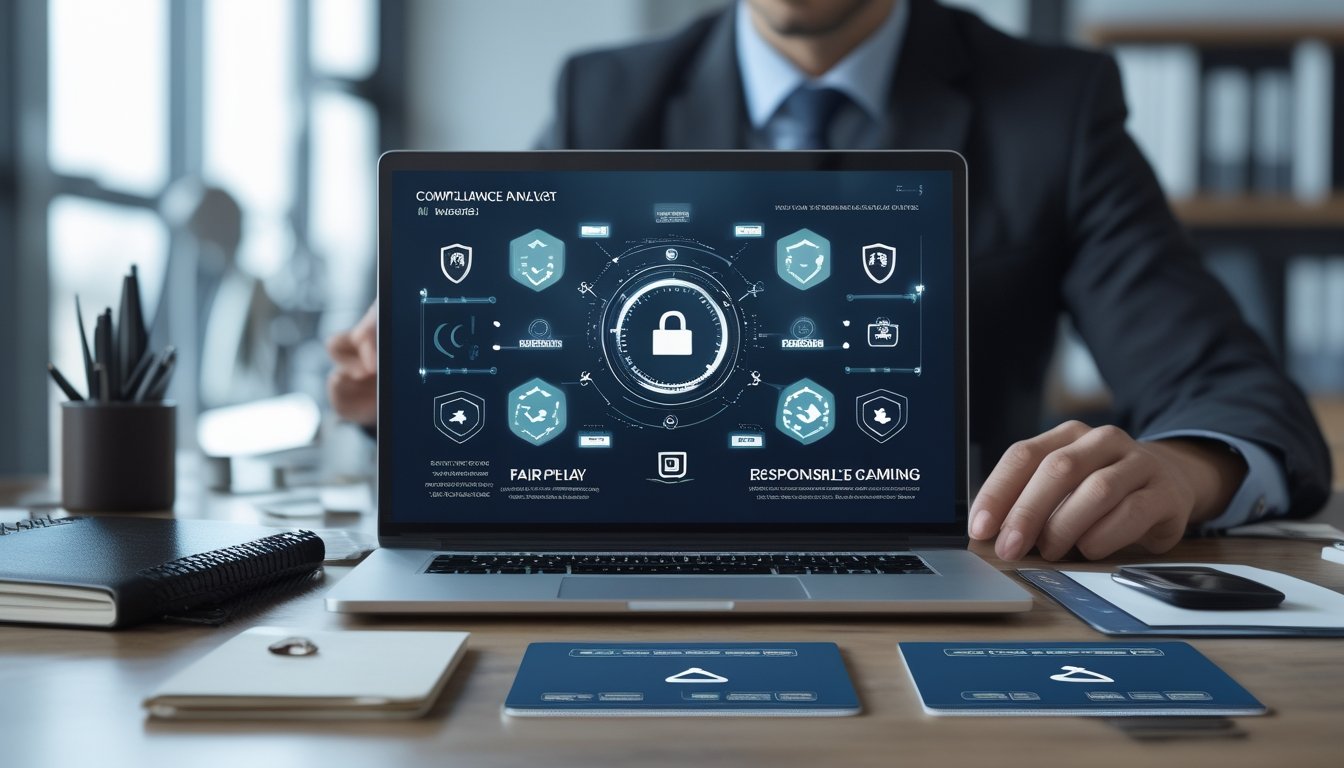 Seorang analis memeriksa keamanan dan kepatuhan platform digital di ruang kerja modern.