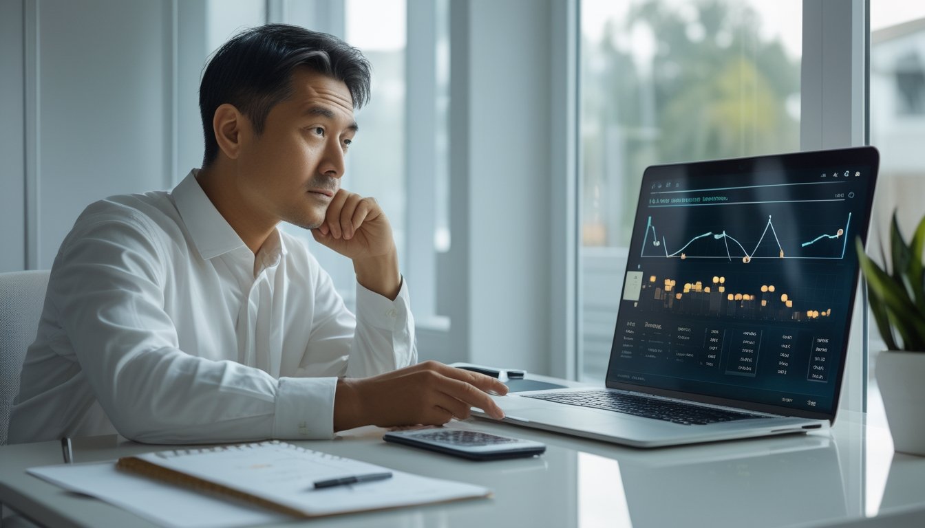 Seseorang merenungkan grafik data yang berubah-ubah di meja kerja dengan kalkulator dan ponsel.