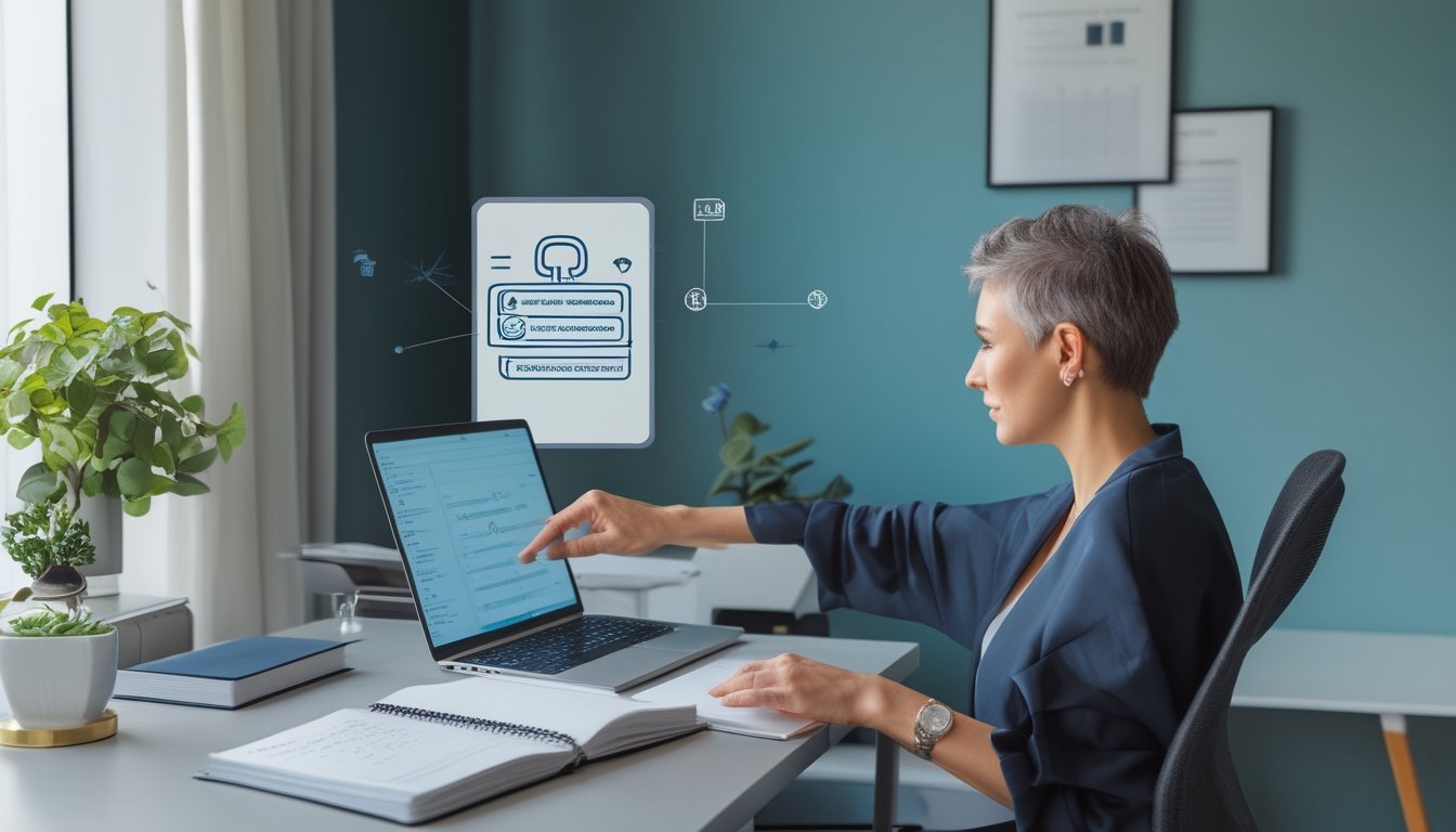 Orang dewasa meninjau persyaratan pendaftaran akun di laptop dalam ruang kerja modern.