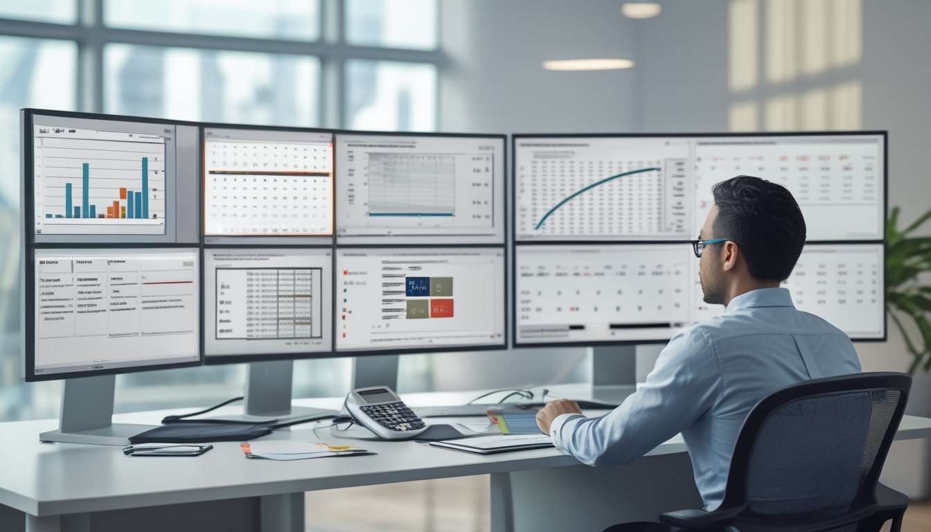 Seorang analis memeriksa data angka dan grafik probabilitas di ruang kerja modern.