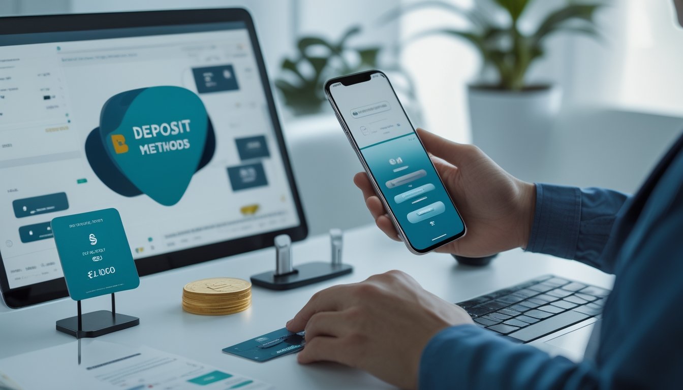 Seseorang membandingkan berbagai pilihan pembayaran digital melalui laptop dan ponsel di meja kerja modern.