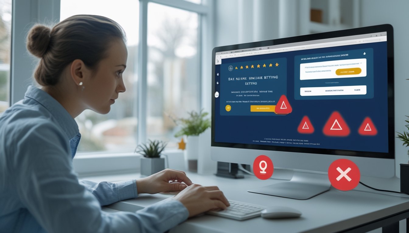 Seseorang memeriksa situs taruhan online mencurigakan di laptop dengan simbol peringatan dan perlindungan digital di meja kerja.