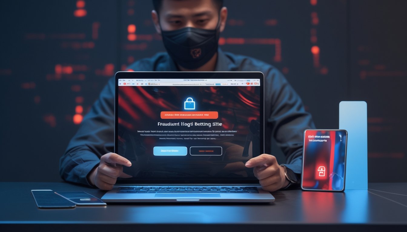 Seorang pengguna tampak waspada memeriksa situs taruhan daring yang mencurigakan di laptop dengan simbol peringatan di sekitarnya.