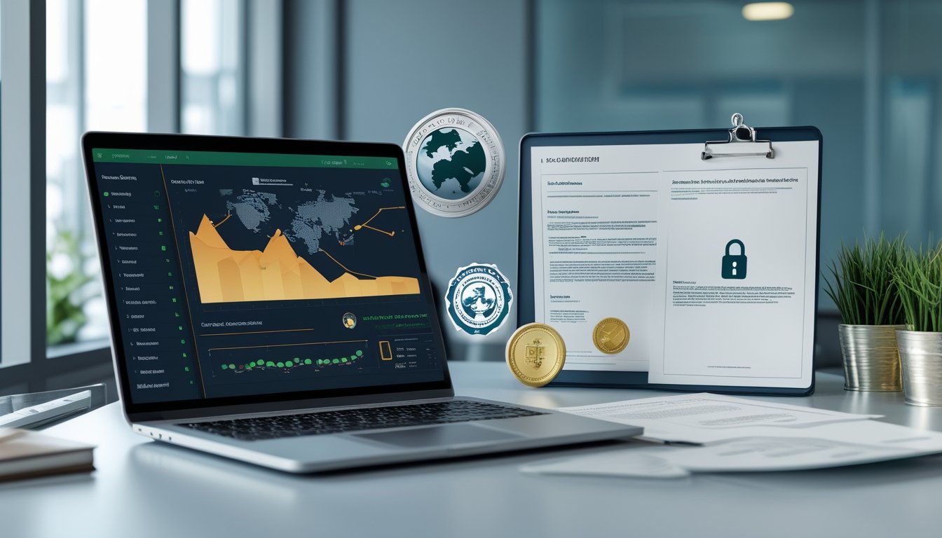 Profesional meninjau platform taruhan olahraga daring yang aman dengan simbol lisensi internasional dan perlindungan digital.
