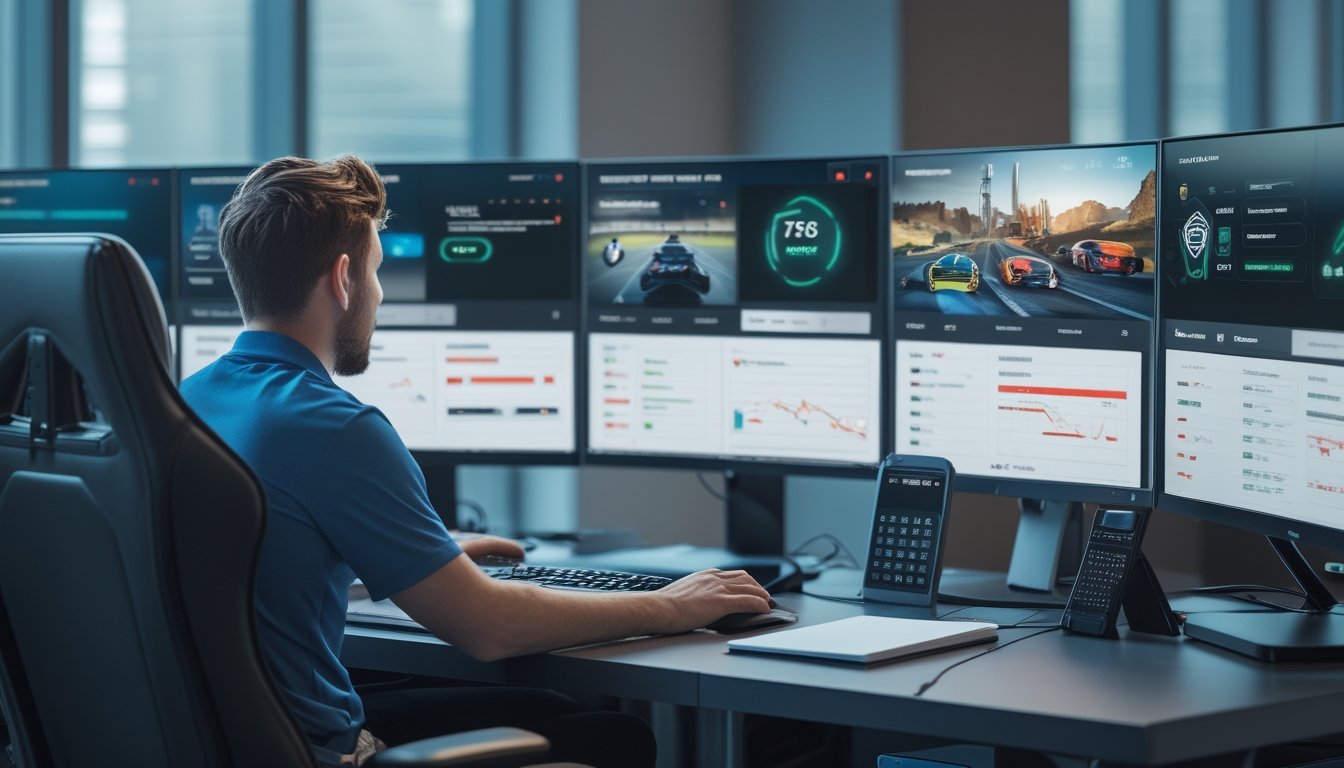 Orang dewasa membandingkan platform eSports dan olahraga virtual di meja kerja modern dengan beberapa layar.