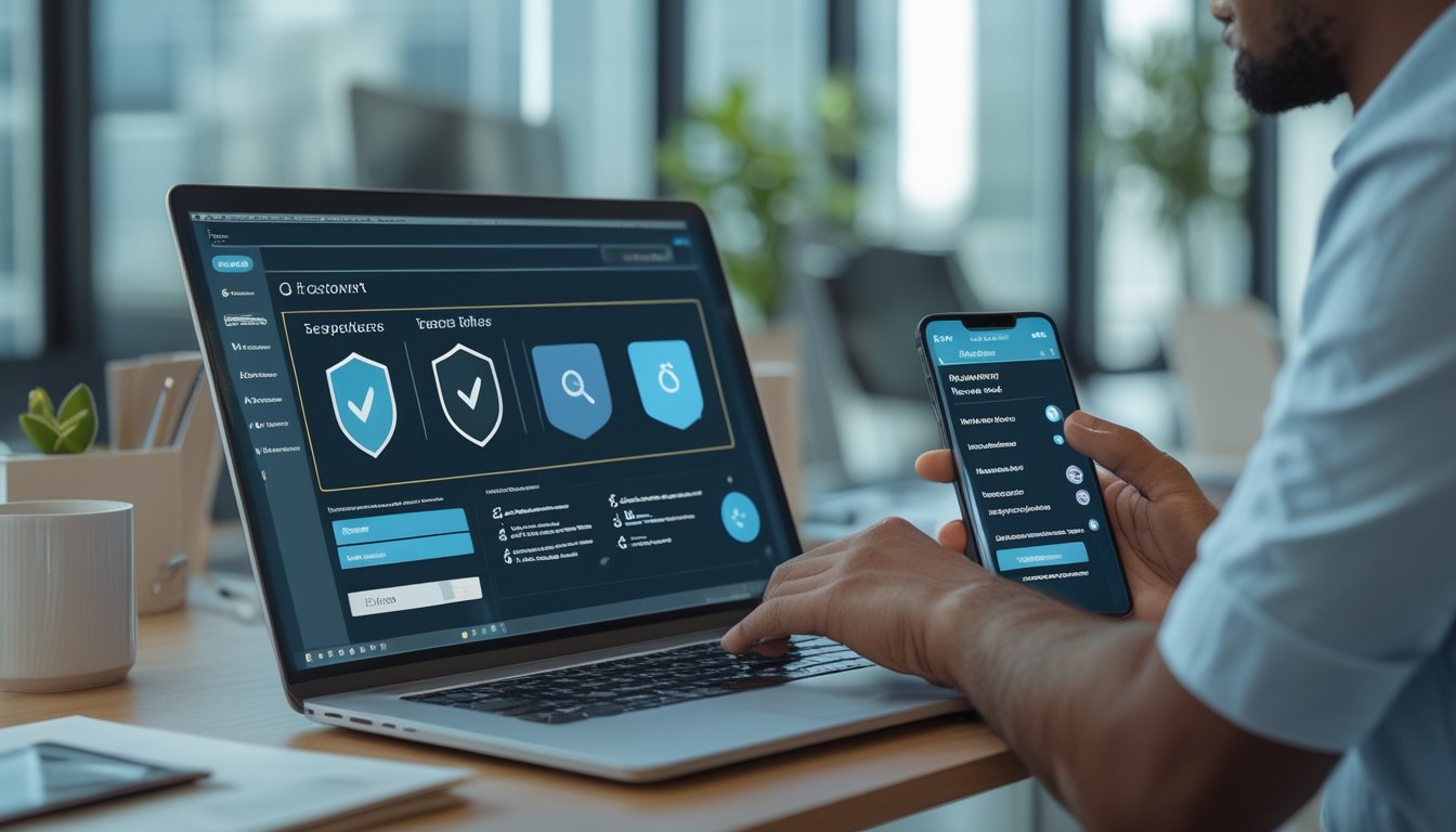 Seseorang memeriksa keamanan dan reputasi platform taruhan digital melalui laptop dan ponsel.