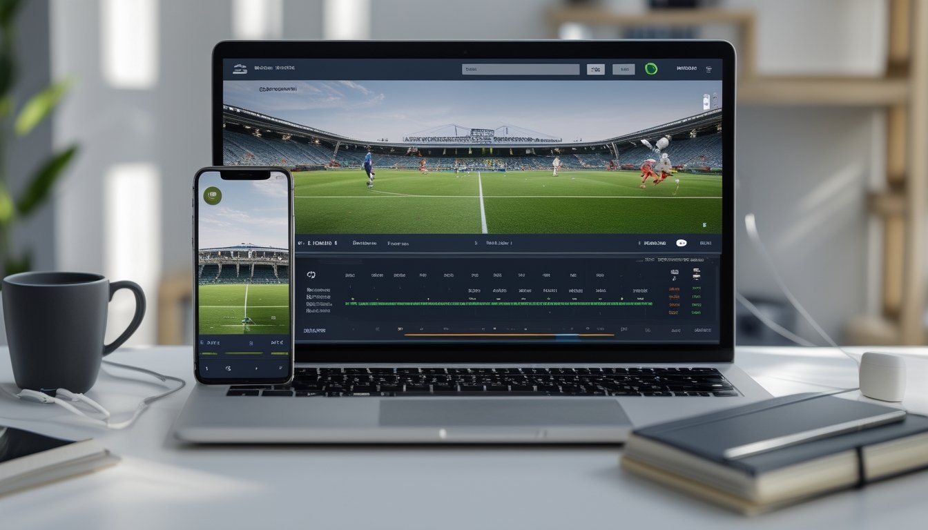 Perangkat digital menampilkan siaran langsung pertandingan sepak bola dan statistik olahraga.