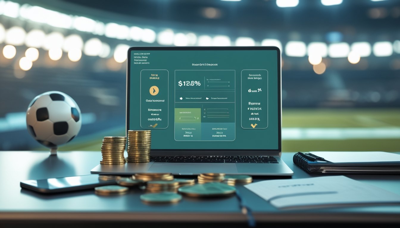 Meja modern dengan laptop analitik olahraga, ponsel, kalkulator, koin, dan simbol hadiah berputar.