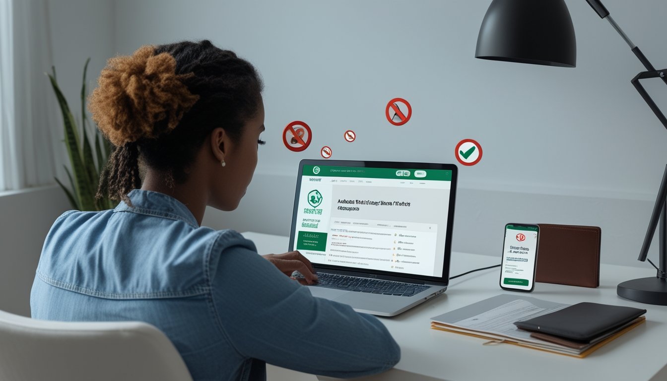 Seseorang memeriksa situs taruhan olahraga mencurigakan di laptop dengan simbol peringatan keamanan, sementara kartu pembayaran tersimpan aman.