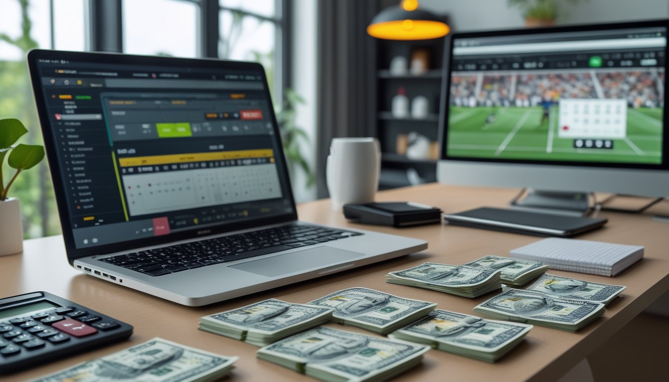 Orang dewasa meninjau statistik olahraga di laptop dengan uang rupiah dan kalkulator di meja.
