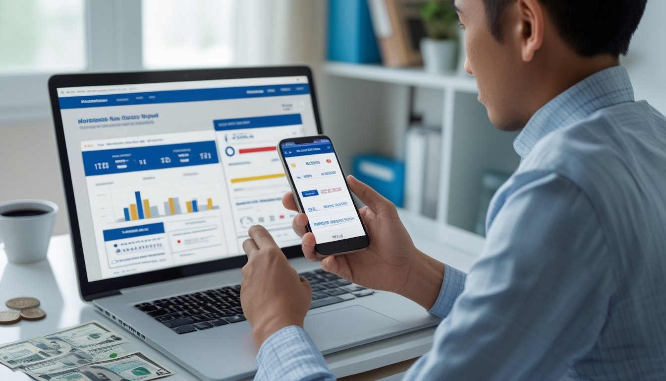 Seseorang menggunakan laptop dan ponsel untuk mengelola transaksi digital dengan uang rupiah di meja kerja.