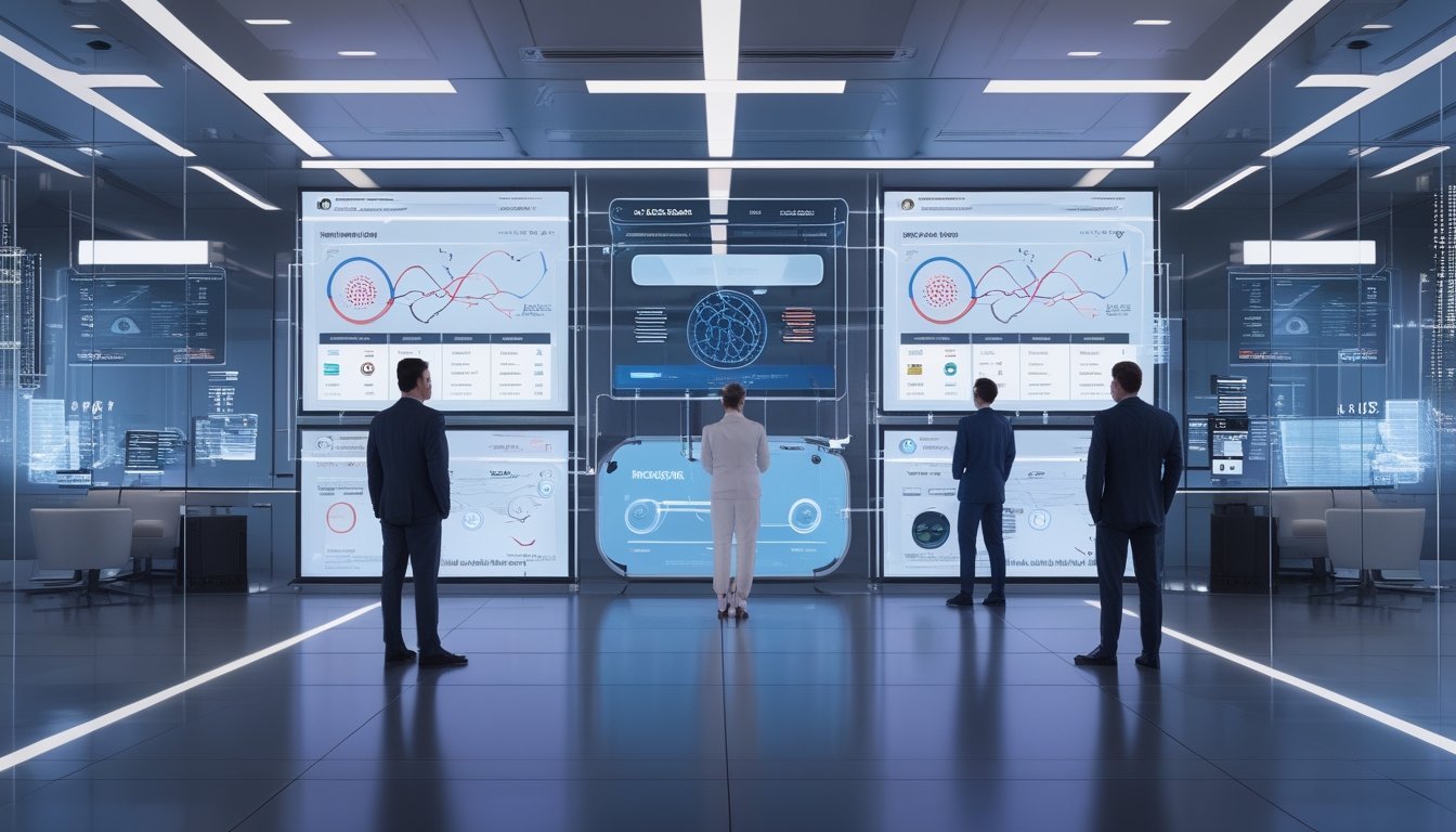 Tim profesional menganalisis data olahraga dan teknologi digital pada layar transparan di pusat operasi modern.