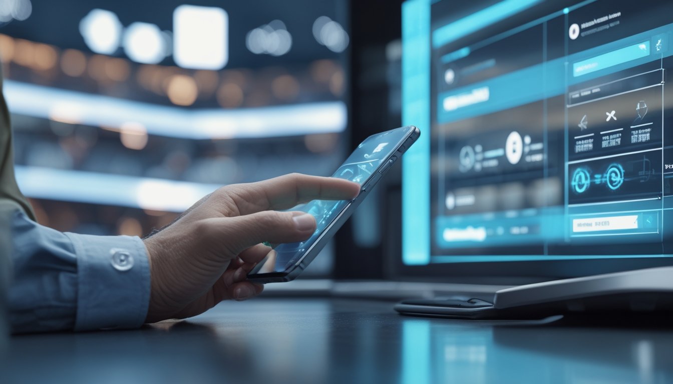 Orang dewasa menggunakan ponsel dengan antarmuka digital di lingkungan olahraga modern.