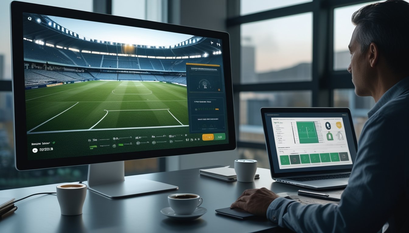 Seseorang menganalisis siaran langsung pertandingan sepak bola melalui beberapa perangkat digital.