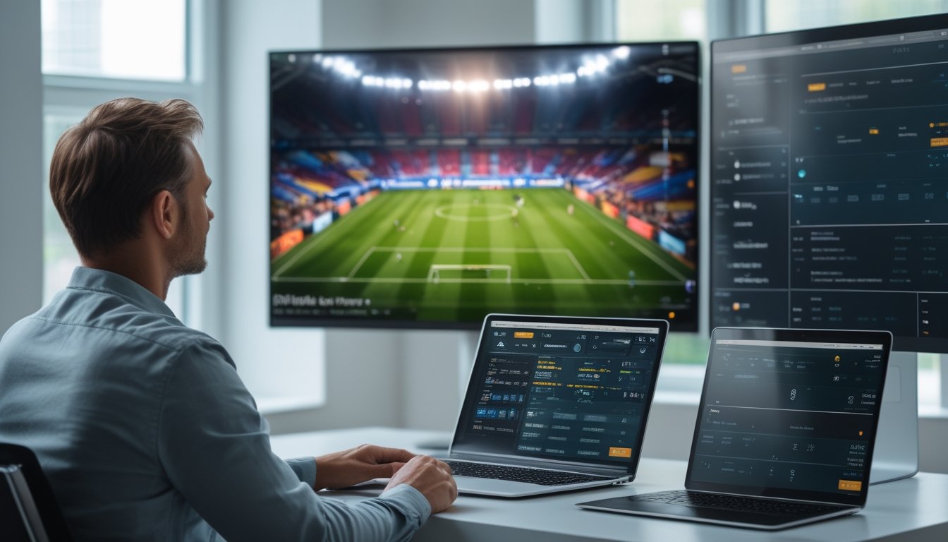 Orang dewasa menonton pertandingan sepak bola secara langsung melalui beberapa perangkat digital.
