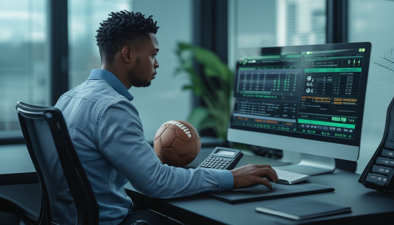 Seorang analis mempelajari statistik pertandingan sepak bola dan strategi taruhan di meja kerja modern.