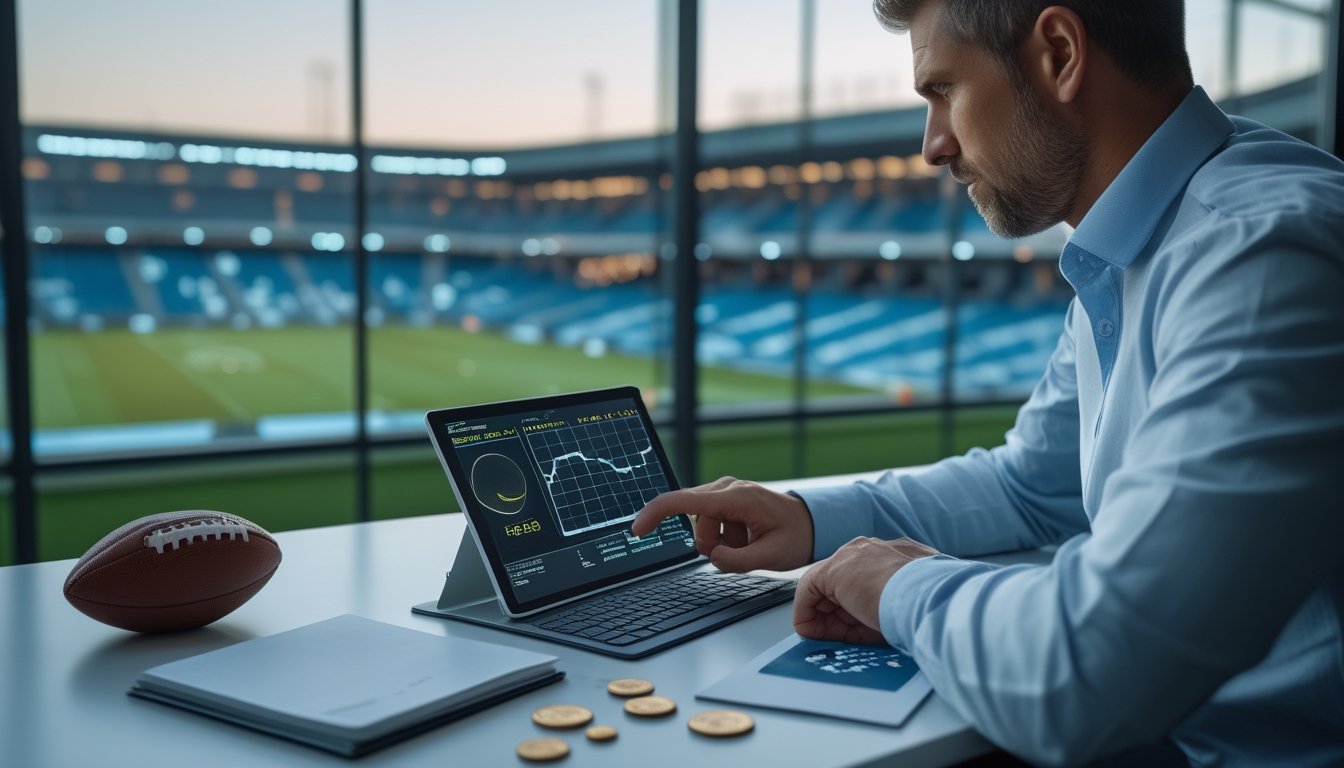 Analis meninjau grafik pertandingan sepak bola di meja kerja dengan bola, kalkulator, dan koin.