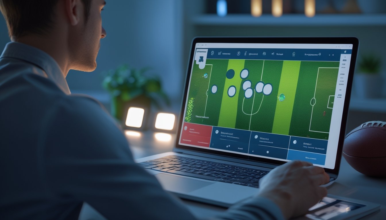 Seseorang menggunakan laptop dengan tampilan pertandingan sepak bola dan fitur obrolan langsung di meja kerja.