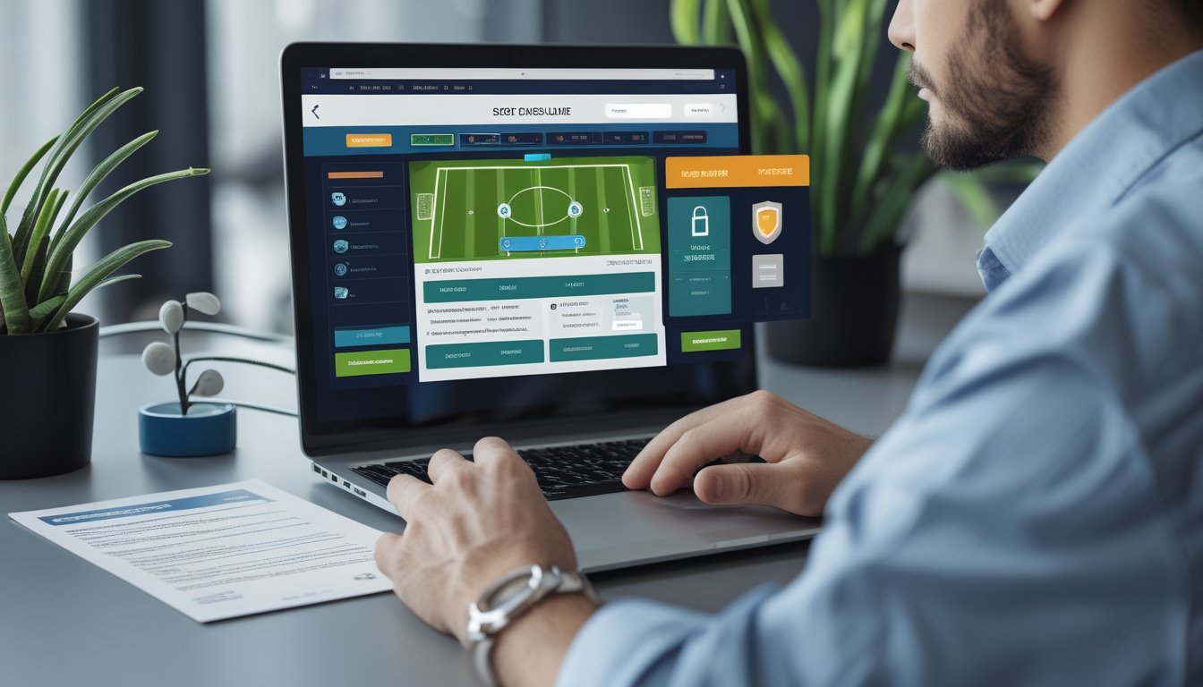 Orang dewasa memeriksa platform taruhan sepak bola daring dengan ikon keamanan, verifikasi, dan layanan obrolan pelanggan di laptop.