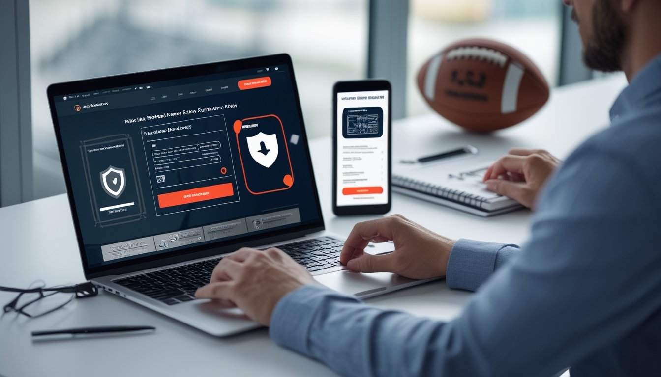 Pengguna memeriksa situs taruhan sepak bola mencurigakan di laptop dengan simbol peringatan dan perlengkapan keamanan digital.
