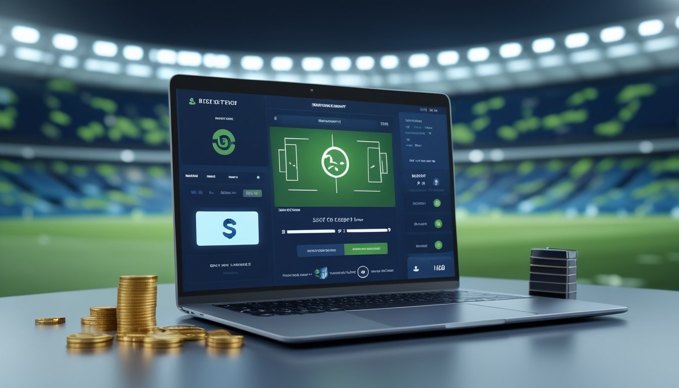 Perangkat digital menampilkan antarmuka taruhan pertandingan sepak bola dengan latar stadion yang ramai.
